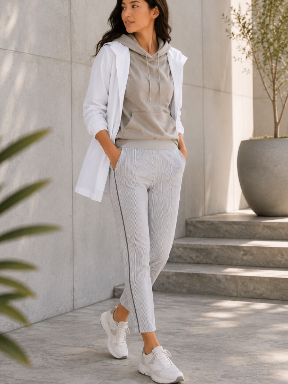 Athleta Brooklyn Mid Rise Gray Pinstripe Ankle Pants Travel Athleisure 2P